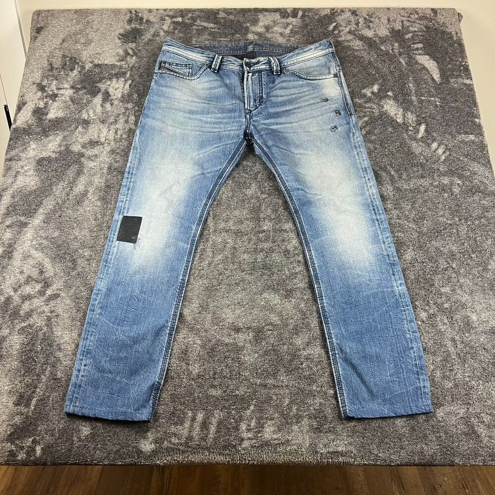 Diesel Thavar Blue Eyecons 2015 Thrashed Denim Jeans Slim Men's 33 (36X29) *Read